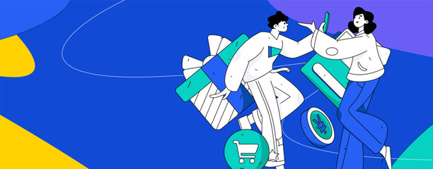 Holiday shopping people doing e-commerce online shopping flat vector concept operation hand drawn illustration
