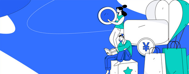 Holiday shopping people doing e-commerce online shopping flat vector concept operation hand drawn illustration
