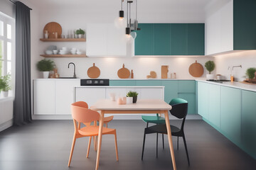 interior of a kitchen, living room, dining room, colorful, black, abandoned, industrial, white, blue, pink, yellow, wood, steel,