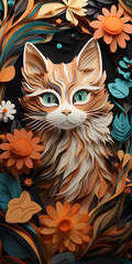 Charming 3D Cat with Floral Fantasy: Whimsical Phone Wallpaper
