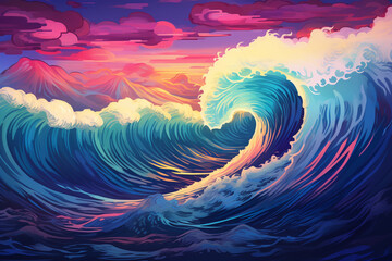 giant tsunami waves in neon colors - obrazy, fototapety, plakaty