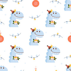 Xmas Seamless pattern. Cute dragon with holly gift on white background with Christmas ball and garlands. Vector illustration for new year design, wallpaper, packaging, textile. kids collection