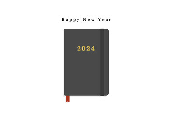 happy new yearの文字と2024年の黒い手帳 - シンプルなミニマルデザインの年賀状 - はがきサイズ