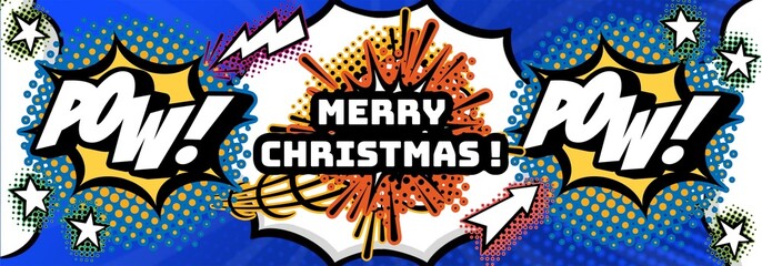 Merry Christmas Comics illustration. Holiday design, vintage, retro style.Merry Christmas horizontally pattern with comics elements, cartoon, cinema vintage, retro style. Graffiti, graphic, collage de