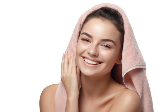 Studio shot of a carefree pleased woman with a facial scrub, cares about her well-being and perfect appearance, wrapped in a towel, focused aside with a happy expression