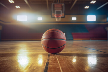 Close up of a basketball on an empty basketball gymnasium. Lifestyle concept for sports and hobbies.