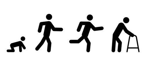 Cartoon crawl, walk, run en old man. Baby running steps and old person.   Senior, stickman, stick figure man sign. Human evolution for education concept. Jump, play, walking and running.