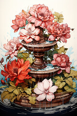 Blossoming Beauty: A Floral Fountain Illustration
