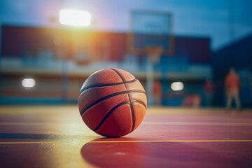Close up of a basketball on an empty basketball court. Lifestyle concept for sports and hobbies. - obrazy, fototapety, plakaty