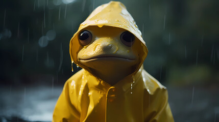 frog wearing a yellow raincoat with raindrops in the background