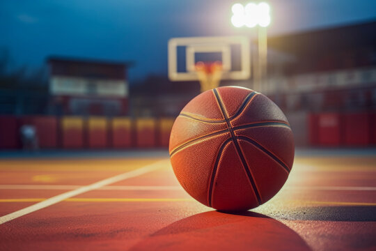 Close up of a basketball on an empty basketball court. Lifestyle concept for sports and hobbies.