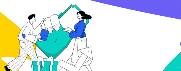 Holiday shopping people doing e-commerce online shopping flat vector concept operation hand drawn illustration
