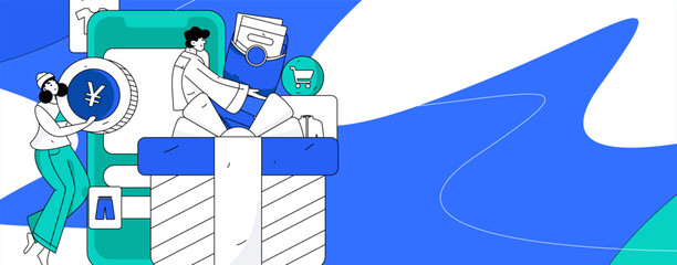 Holiday shopping people doing e-commerce online shopping flat vector concept operation hand drawn illustration
