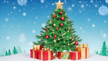 Christmas tree with gift boxes. Isolated xmas tree with gifts on a snowy blue background.