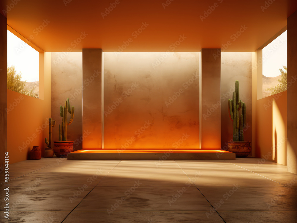 Poster room with a terrace and some cacti. generative ai