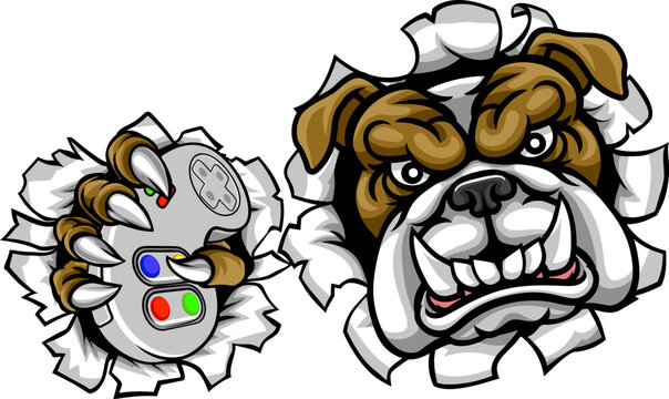 A bulldog dog animal gamer sports mascot holding video games controller breaking through the background with its claws