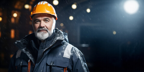 Fototapeta premium Portrait of a senior male worker in a hard hat and jacket. Generative AI