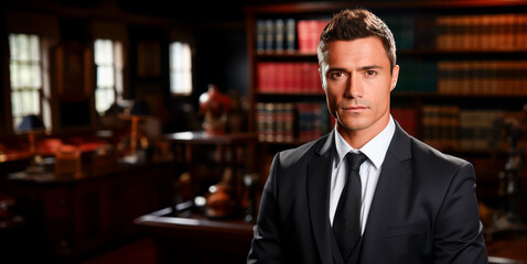 Fototapeta premium Portrait of a handsome lawyer in a courtroom. Law and justice concept. Generative AI