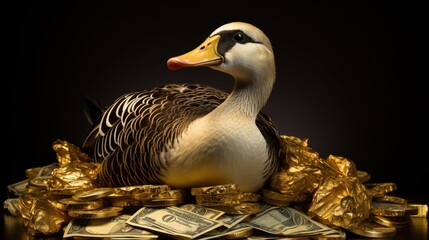 a cute duck perched gracefully on a shimmering pile of gold, symbolizing wealth, opulence, and financial success