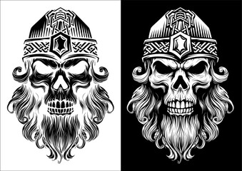 A Viking skull skeleton warrior or barbarian gladiator man mascot face looking strong wearing a helmet. In a retro vintage woodcut style.