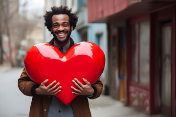Smiling African American man holding big red heart on the street at day time. Not based on any actual person, or scene
