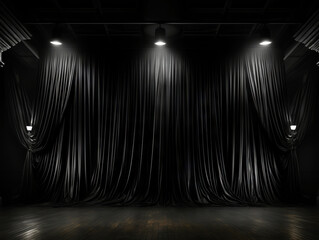 Black theater curtain with spotlights in the dark room. Generative AI - obrazy, fototapety, plakaty