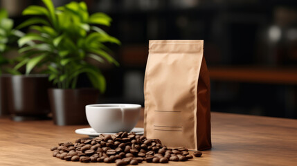 A brown coffee paper bag packaging mockup with spilled coffee beans on a coffee table, a mockup in...