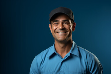 A happy deliveryman smiling, Bright solid light blue background