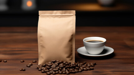 A brown coffee paper bag packaging mockup with spilled coffee beans on a coffee table, a mockup in Photoshop and Photoshop Elements, a mockup in PSD, a mockup for marketing, a mockup for packaging