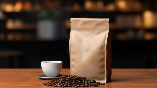 A brown coffee paper bag packaging mockup with spilled coffee beans on a coffee table, a mockup in Photoshop and Photoshop Elements, a mockup in PSD, a mockup for marketing, a mockup for packaging