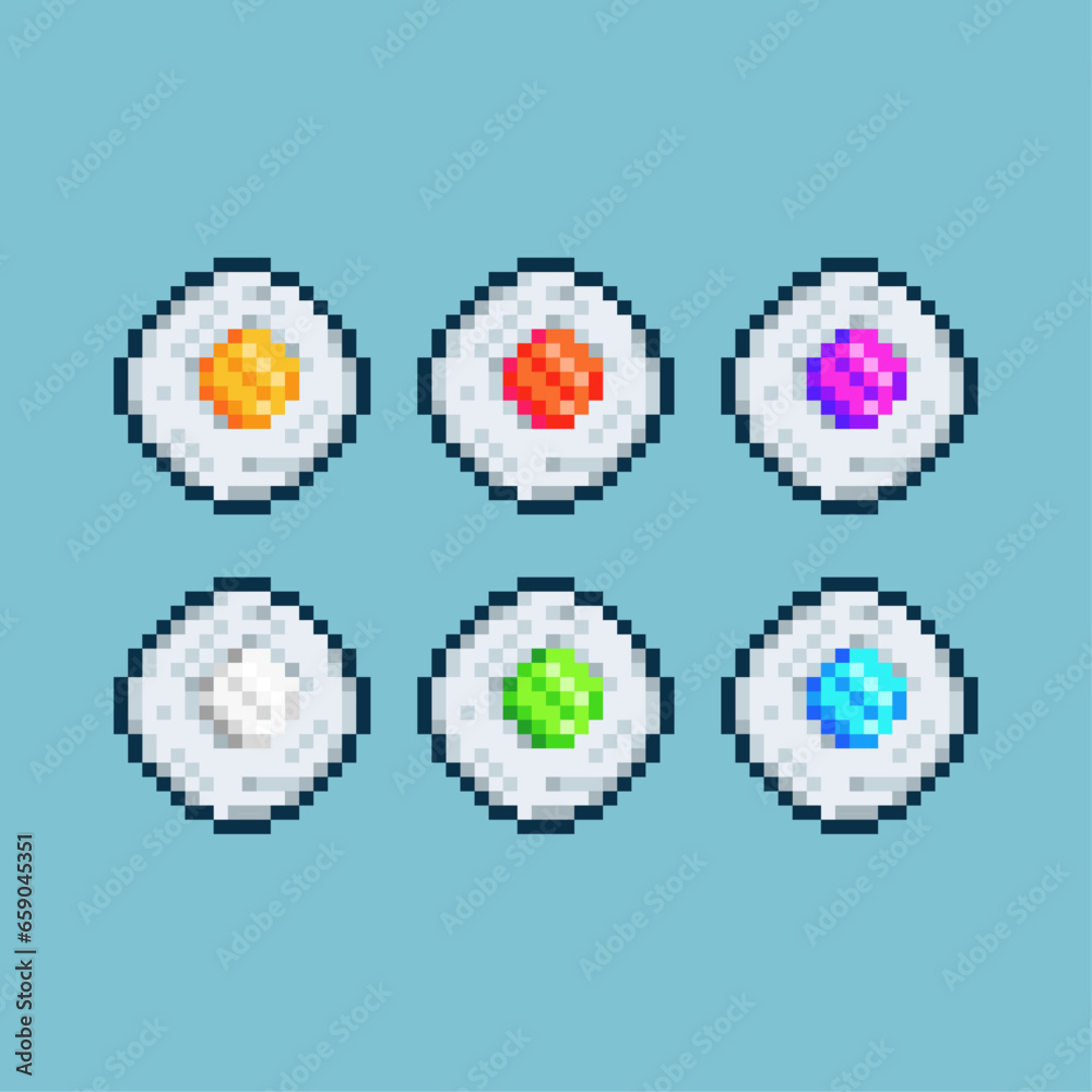 Poster pixel art sets of fried egg with variation color item asset. simple bits of egg food on pixelated st