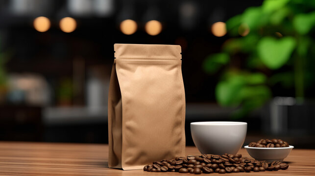 A Brown Coffee Paper Bag Packaging Mockup With Spilled Coffee Beans On A Coffee Table, A Mockup In Photoshop And Photoshop Elements, A Mockup In PSD, A Mockup For Marketing, A Mockup For Packaging