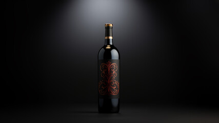 A high-end wine bottle adorned with an opulent label, placed gracefully beside a wine glass in a studio with dramatic black lighting. - obrazy, fototapety, plakaty