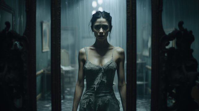 An eerie, vintage scene where a ghostly woman gazes into an antique mirror, creating a haunting and introspective atmosphere in a mysterious, historic room