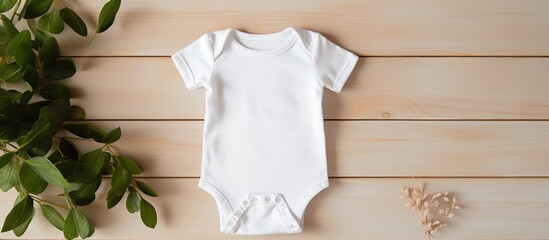 Sublimation design presentation Cute white baby bodysuit mockup in minimalist Scandinavian interior