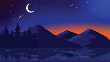landscape with mountains and moon and winter evening