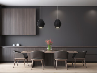 Interior of modern dining room with gray walls, wooden floor, long wooden table and black chairs. Generative AI