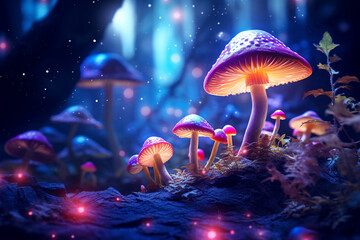 mushroom plants at night with bright neon colors - obrazy, fototapety, plakaty
