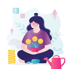 Business woman grows money tree. Female character with watering can, gold coins and earnings. Concept of investment in future, financial strategy and money saving.