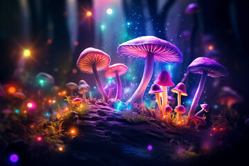 mushroom plants at night with bright neon colors