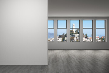 Downtown San Francisco City Skyline Buildings from High Rise Window. Beautiful Expensive Real Estate overlooking. Empty room Interior. Mockup wall. Skyscrapers Cityscape. Day. California. 3d rendering