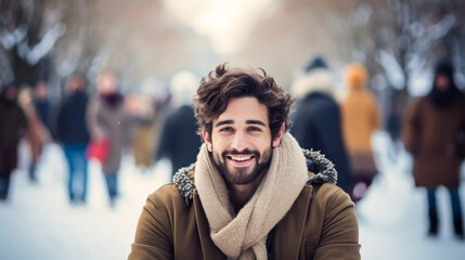stockphoto, copy space, Cheerful male abroad student on campus with other students walking in background, winter scene. Young adult people, education, winter. Young male student on the campus. Outdoor