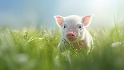Small pig in grass on green pasture stock photo, in the style of motion blur.