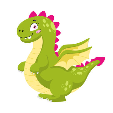 Little cute green baby dragon with wings. Funny fantasy character for kids. Isolated vector illustration on white background.