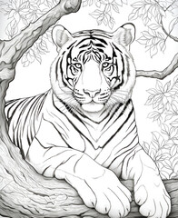 **coloring page, detailed black and white sketch showing scene of realistic tiger in the trees, lazy, front paws hanging over the branch, strong black lines, white background, NO shading or shadows, 