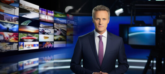 Newsroom Studio, TV Live News Program Professional Male Presenter Reporting, television Cable Channel talks, technology digital, war, business, economy, entertainment, background television screens