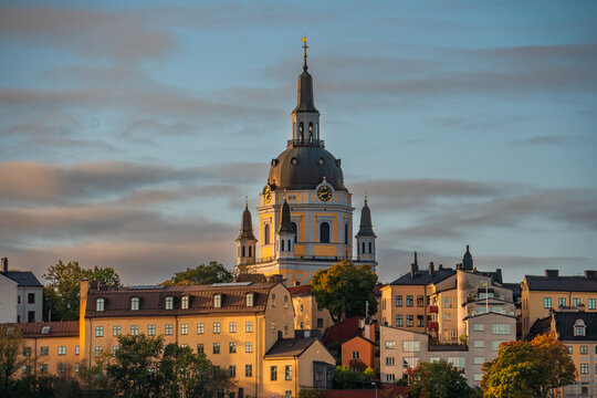 Stockholm, Sweden, the Katarina church in the district of Södermalm with the early morning light in autumn.