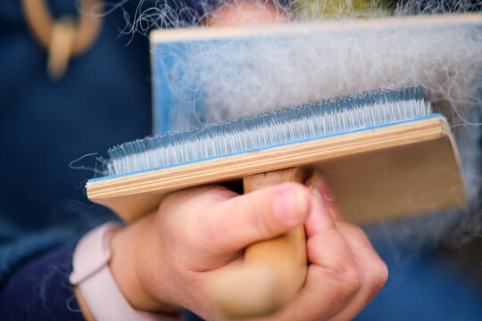 Combing animal hair with a brush for spinning woolen clothes - Powered by Adobe