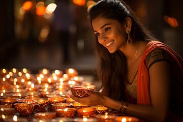 Obraz na płótnie Canvas indian women wearing sari smiling at diwali festival indian traditional festival
