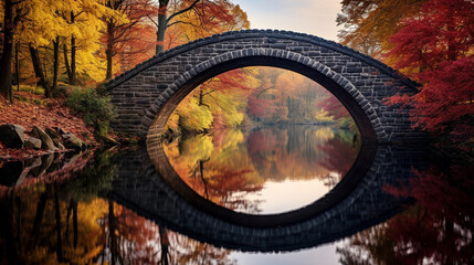 Colorful autumn reflection of the bridge in the water. Autumn background